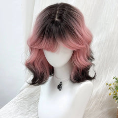 Ingvn Short Wavy Ombre Pink Hair Wig for Women Synthetic Wig with Bangs Natural Layered Lolita Cosplay Party Cute Wigs