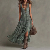 Ingvn Women's Boho Tiered Maxi Dress Sleeveless V-Neck Pleated Flowy Dress Vintage Inspired Chic Casual Vacation Long Dress for Woman