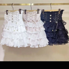 Ingvn Japanese Style Kawaii Mini Cake Skirts Womens Fairy Bandage Lolita High Waist Y2k Aesthetic Sweet Lace Gothic JK Faldas Skirt