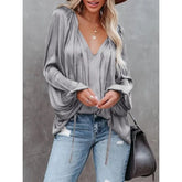 Ingvn Plus Size Fashion Long Sleeve V Neck Office Casual Shirt Women Elegant Simple Loose Blouse Lady Pleated Solid Color Top