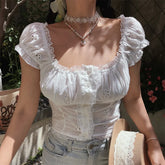 Ingvn Retro Embroidered Lace Trim Bubble Sleeve Holiday White Shirt Short Sleeve French Style Slim Fit Polyester Fiber Deformable S...