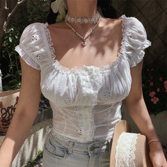 Ingvn Retro Embroidered Lace Trim Bubble Sleeve Holiday White Shirt Short Sleeve French Style Slim Fit Polyester Fiber Deformable S...