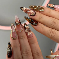 Ingvn 24 Pcs 3d Flowers False Nails To Stick Long Beautiful nail Tips Almonds Nails Press Ons for Women Holiday Prosthetic Nail Set