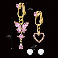 Ingvn 2 Pcs Elegant Clip-On Fake Belly Button Rings for Women - 304 Stainless Steel, Heart, Butterfly & More Designs, Ideal Gift