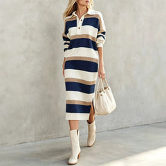 Ingvn - Women's Striped Knit Midi Dress Polo Collar Long Sleeve Button Color Block Loose Casual Autumn Winter Ladies Sweater Dresses