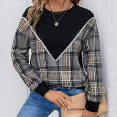 Ingvn - Women Round Neck Plaid Color Block Sweatshirt Lace Trim Long Sleeve Casual Pullover Top