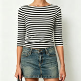Ingvn Women's Y2k American Retro Striped Contrast Color T-Shirts Boat Neck Three Quarter Sleeve Tee Tops Club Streetwear