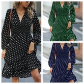 Ingvn Waist Slimming Polka Dot Long Sleeve Elegant Dress