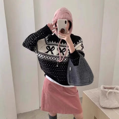 Ingvn - Autumn and Winter Fashion New Women's Elegant Knitted Printed Retro Jacquard Hoodie Round Neck Thickened Warm Sweater