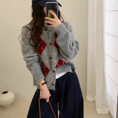 Ingvn - Women's Autumn Winter New Round Neck Color Block Argyle Knit Cardigan Loose Sweater Coat Chic Coquette Trendy Sweater