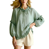 Ingvn Women's Pullover Round Neck Loose Long Sleeve Shirt Ear-trimmed Shirt with A Loose and Laid-back Style Shirt Top