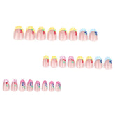 Ingvn 24pcs Women Cute Cartoon Fruit Press on Nails with Tools Beach Short Round Fake Nail for Girls French False Nails with Glue