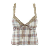 Ingvn Summer Sexy Plaid Spliced Lace Bow V neck Camis Women Elastic Chest Line Crop Top Camisoles Bra Tank Vest