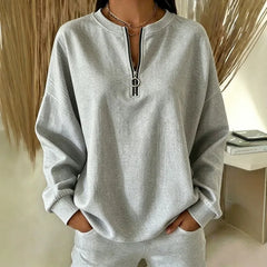 Ingvn - Women Round Neck Half Zip Sweatshirt Long Sleeve Loose Pullover Casual Fall Daily Top