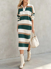 Ingvn - Women's Striped Knit Midi Dress Polo Collar Long Sleeve Button Color Block Loose Casual Autumn Winter Ladies Sweater Dresses