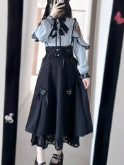 Ingvn Japanese Lolita Lace Patchwork Shirts Women + New Slim high Waist Midi Black Skirts sweet kawaii Two Piece Sets