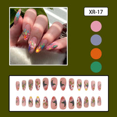 24pcs Spring/Summer Flowers Fake Nail Colorful flower Pattern False Nails Full Cover Wearable Sweet Korean Almond Press On Nails