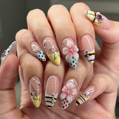 Ingvn 24Pcs Leopard Print Cat's Eye Nail Art Tip Long Almond Black Star Pattern Press on False Nails Pink Glitter Fake Nail Finished