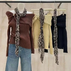 Ingvn - New Fashion Sexy Off Shoulder Jumper Knitted Pullovers Sweater with Scarf Autumn Winter Long Sleeve Women Sweaters Slim Chi Tops