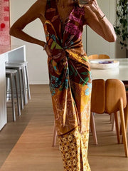 Ingvn Summer Casual Print Maxi Dresses for Women V Neck Sleeveless Sashes Design Draped Slimming Dress for Beach Vacation
