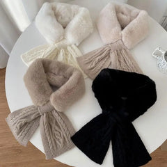 Ingvn - Women's Autumn Winter Knit Scarf Faux Fur Cross Neck Warmer Solid Thick Warm Elegant Chic Coquette Trendy