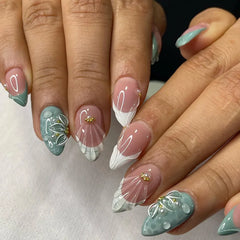 Ingvn 24Pcs 3D Shell Pattern Press on False Nails with Green Camellia Design Short Round Head Wearable Almond French Fake Nail Set