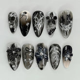 Ingvn 24Pcs Gothic Dark Red Press on False Nails Y2k Reusable Almond Nails Set with Silver Ripples Pattern Cool Fake Finger Nail Tip