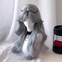Ingvn Long Wavy Grey Wig with Bangs Synthetic Cosplay Wig Daily Wear Natural Heat Resistant Wig Halloween Costume Wig for Women