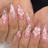 Ingvn 24Pcs Press on False Nails with Flower Design Blue Leopard Print French Almond Fake Nails Detachable Oval Finished Nail Art Tips