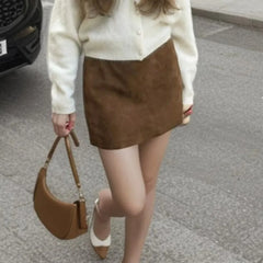 Ingvn Autumn Winter High Waist Suede Faux Leather Mini Skirt Women Back Zipper A-line Short Skater Party Femme Camel Black