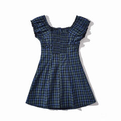 Ingvn Contrast Color Plaid Open Buttons Slash Shoulder Mini Dress Women Short Sleeve Slim Waist Dresses Holiday Robe Femme