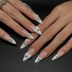 White French Press on Nails 3D Bowknot Designs Nude Color Fake Nails Wearable False Nails Tips for Women DIY Manicure 24Pcs