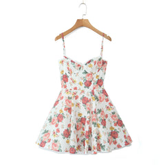 Ingvn Sexy White with Flower Print Cotton Corset Style Sling Mini Dress Women Lace V Low Chest with wire Ball Gown Swing Party Robe