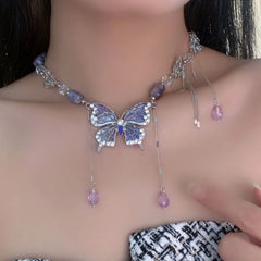 Ingvn Purple Necklace for Women Crystal Butterfly Tassels Fashion Punk Style Jewelry Sweet Vintage Collares Para Mujer