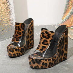 Ingvn - Summer Street Sexy 15CM Wedge Slippers For Women Leopard Print PVC Transparent Shoes Fashion Open Toe Platform High Heels