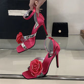 Ingvn Fashion Flowers Rhinestones Square toe Women Gladiator Sandals Sexy Ankle Strap Buckle Thin High heels Summer Party Prom Shoes