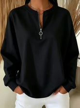 Ingvn - Women Round Neck Half Zip Sweatshirt Long Sleeve Loose Pullover Casual Fall Daily Top