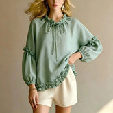 Ingvn Women's Pullover Round Neck Loose Long Sleeve Shirt Ear-trimmed Shirt with A Loose and Laid-back Style Shirt Top