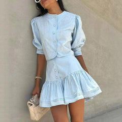 Ingvn Cotton Linen Short Jacket And Skirt Set Sweet Style Bubble Sleeve Clothing Women's Fashion Spring Summer Casual Wear