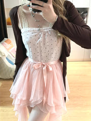 Ingvn Women Kawaii Vintage Irregular Skirt Y2K Lolita Lace Ruffles Bow Skirt Sweet Cute Harajuku Subculture Party Fashion Skirt