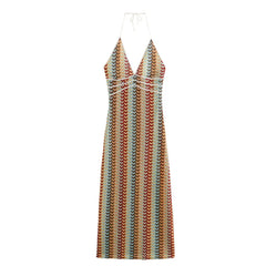 Ingvn Sexy Colored Geometric Striped Knitted Tie Bow Halter Sling Dress Summer Woman Backless Slim Waist Long Dresses Robe Holiday
