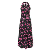 Ingvn Sexy Black With Pink Floral Print Tie Bow Halter Sling Dress Summer Woman Backless Slim Waist Midi Long Dresses Robe Holiday