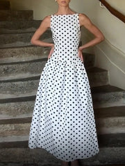 Ingvn French Elegant Dot Print Mid Dress for Women Square Collar Sleeveless Temperament Date Night Dresses Female Summer