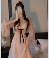 Ingvn Retro Chinese Style Soft Pink Ethereal Nightgown with Lace Knot Home Use Vest Pad Included V-Neck Midi Skirt