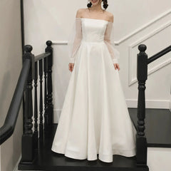 Ingvn - Korean Satin Bridal Gown Off‑Shoulder Sheer Long Sleeve A‑Line Floor Length Simple Wedding Dress For Women Bridal Party