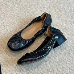 Ingvn Vintage Rivet Bowknot Women Ballet Pumps Comfortable Soft Leather 3cm Thick Heeled Lazy Loafers Spring Summer Casual Girls Shoes