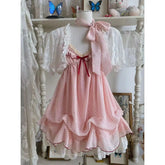 Ingvn Summer New Harajuku Sweet 2 Piece Set Y2k Dot Strap Mini Dress Tops Lace Cardigan Vintage Style Set Woman Chic