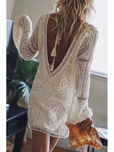 Ingvn Summer Women's Clothing Sheer Lace V Neck Long Sleeve Beach Cover Up Dress For Woman Polyester Boho Tunic With Puff Sleeves