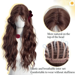 Ingvn Long Wavy Brown Middle Part Wig Synthetic Lolita Wig Natural Cosplay Party Wig Daily Wear Halloween Costume Y2K Orange Wig