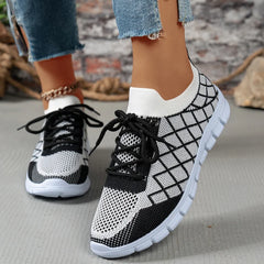 Ingvn Women's Fashion Strip Plaid Knitted Sneakers Soft Sole Breathable Mesh Running Shoes for Women Lightweight Slip On Tennis Shoes
